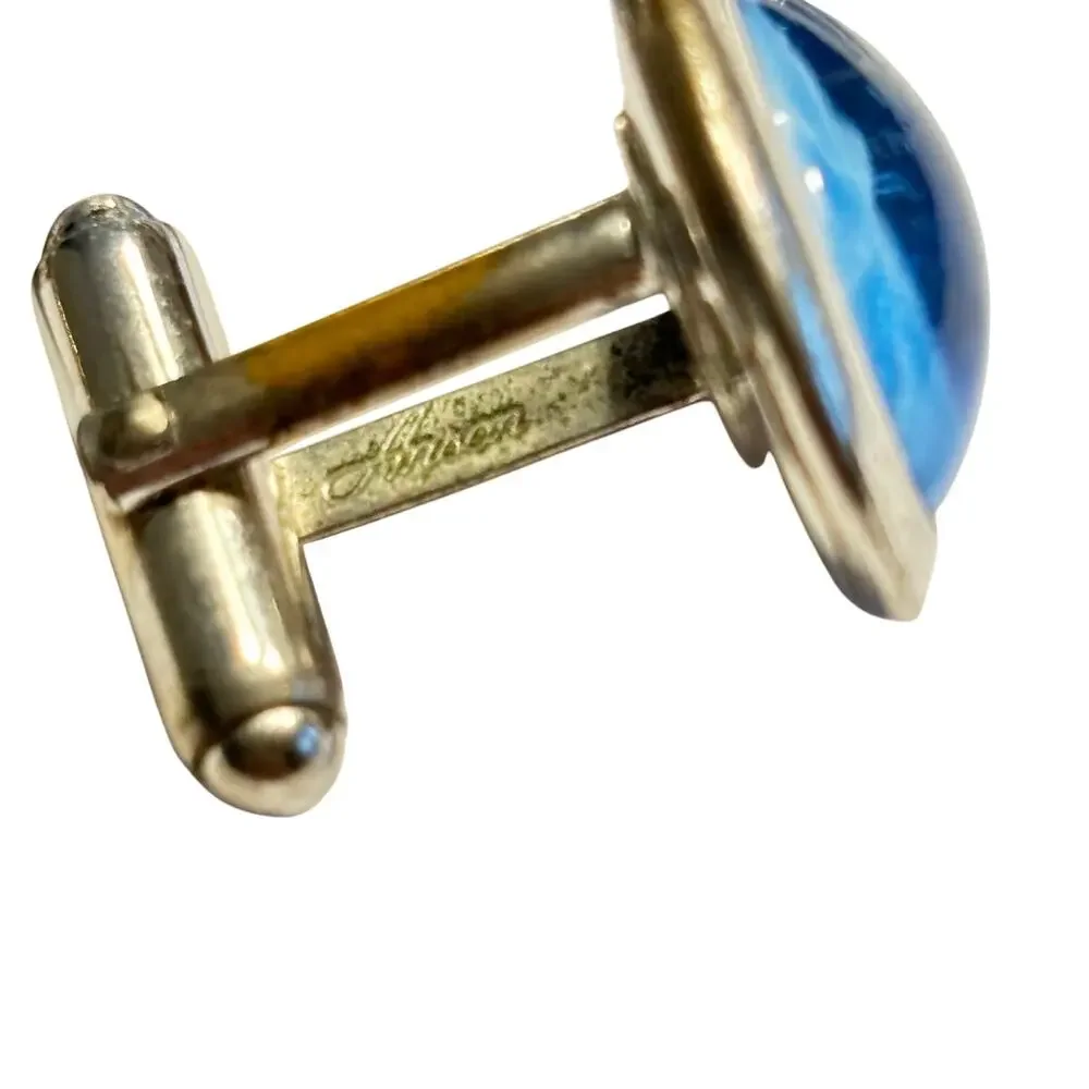 Vintage Anson silver & blue starburst men’s jewelry set cufflinks & tie bar clip